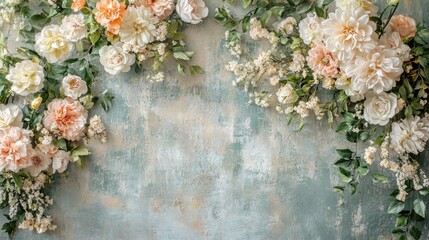 Elegant floral photography backdrop with soft pastel blooms and a textured vintage wall, perfect for maternity and wedding photo sessions.