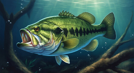 Naklejka premium Large Mouth Bass Fish in the Water, Stream or River, Isolated Nature Wildlife Fishing Angler Illustration