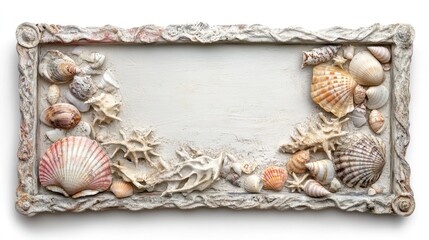 Obraz premium Weathered Nautical Frame Embellished with Seashells and Sand Texture on a Light Background, Exuding Coastal Charm and Beach Vibes