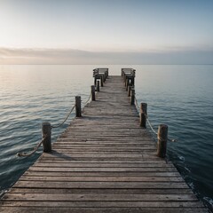 Obraz premium A peaceful wooden pier extending into the calm sea with a white gradient background.