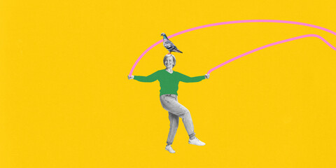 Playful elderly woman skipping rope with pigeon perched on her head, set against yellow background with pink rope lines. Contemporary art collage. Concept of elderly people, health, active lifestyle