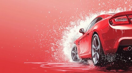 Vibrant car wash banner showcasing a red car being sprayed with water, emphasizing the rear wheel, with space for text on the right side.