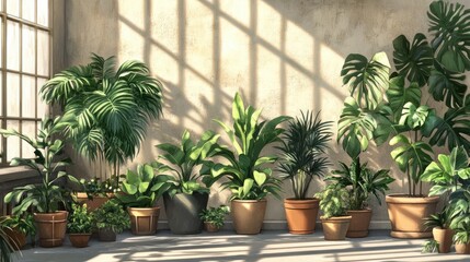 Fototapeta premium Lush indoor tropical plants in diverse pots, creating a vibrant urban jungle ambiance with sunlight casting shadows on the floor.