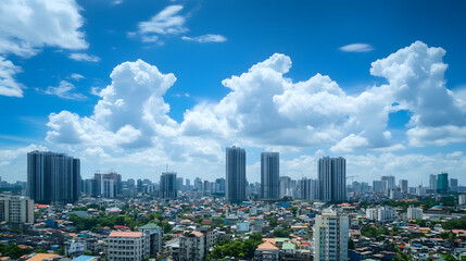 Obraz premium Cityscape under a bright blue sky with fluffy clouds.