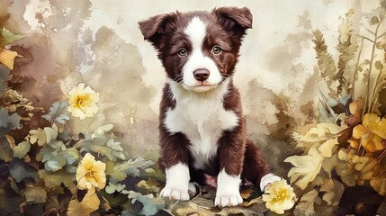 Charming brown and white Border Collie puppy sitting amidst vibrant flowers in a lush forest, exuding intelligence and endearment, perfect for banners.