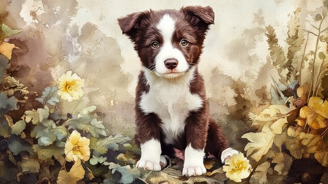 Charming brown and white Border Collie puppy sitting amidst vibrant flowers in a lush forest, exuding intelligence and endearment, perfect for banners.