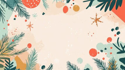 Colorful abstract festive background featuring pine branches, decorative stars, and vibrant circles, creating a warm and cheerful seasonal atmosphere.