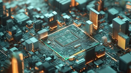 Cityscape Built on a Circuit Board