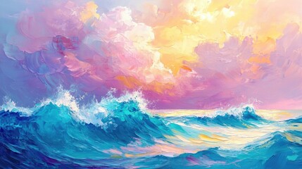 Vibrant abstract ocean painting showcasing pastel waves and a pink sky with bold brush strokes, perfect for summer and tropical vibes.