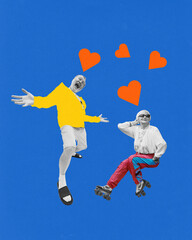 Joyful elderly couple roller skating, surrounded by floating hearts, expressing love and fun on...