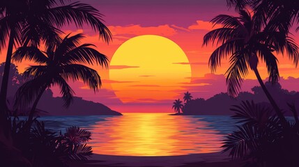 Vibrant sunset over calm sea with silhouetted palm trees framing the scene, reflecting shades of orange, pink, and purple across the water.