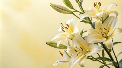Obraz premium Delicate watercolor lilies in shades of white and yellow against a soft yellow background, garden scene, soft colors, watercolor painting