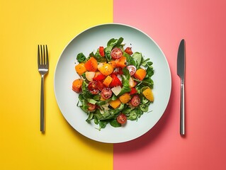 Gourmet salad presentation modern kitchen culinary photography brightly colored environment overhead view healthy eating concept