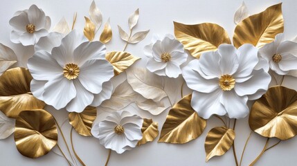 Luxurious 3D floral arrangement featuring elegant white blooms and golden leaves on a pristine white backdrop, exuding sophistication and style.