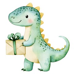 Fototapeta premium Cute Dinosaur Holding Gift Watercolor Illustration Cartoon Childish Adorable 