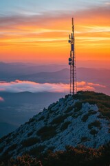 Obraz premium A communication tower stands atop a rocky mountain, glowing in the vibrant colors of a sunset, surrounded by wispy clouds and distant hills.