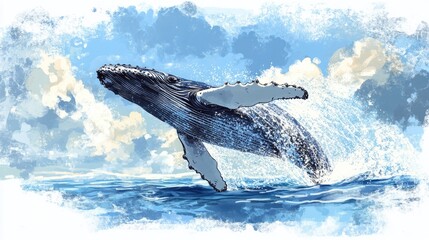 Fototapeta premium Humpback whale breaching the ocean surface, splashing water among vibrant blue skies and fluffy clouds, showcasing nature's majestic beauty.