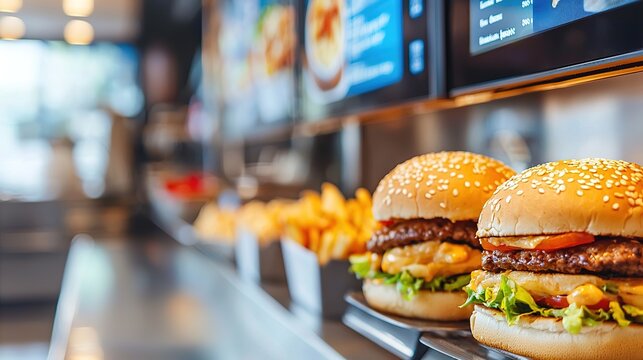 Interactive digital menu displaying gourmet burgers and fries fast food restaurant modern technology engaging environment close-up view