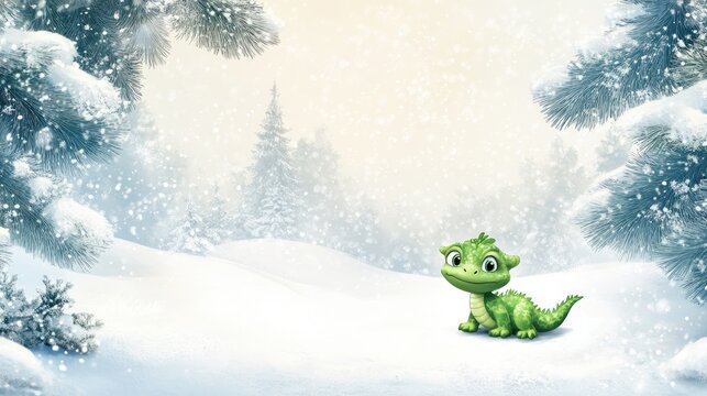 Winter greeting banner showcasing a snowy landscape with a whimsical green baby dragon and ample blank space for personalized messaging.