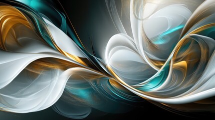 Abstract design showcasing fluid gold, white, and teal shapes elegantly swirling against a rich dark background creating a dynamic visual experience.