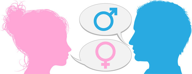 Man and woman heads talking