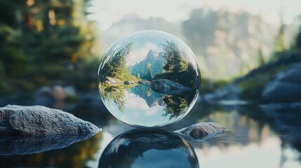 Landscape reflection captured in a crystal glass sphere with a close-up view, showcasing bokeh blur against a serene natural backdrop.