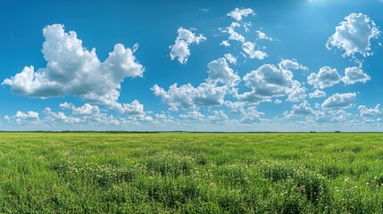 Obraz premium A serene landscape featuring a vast green field under a bright blue sky adorned with fluffy clouds.