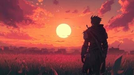 Silhouetted warrior standing in a vibrant field, gazing at a breathtaking animated sunset with dramatic clouds and a large orange sun.