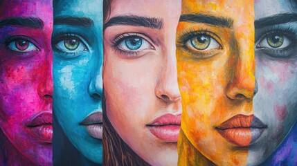 Diverse Faces of Empowerment Showcase: A vibrant artistic representation highlighting women's rights, domestic violence awareness, and global solidarity among survivors.