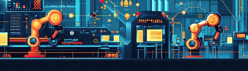 Fototapeta premium Technology network concept in flat art, displaying industrial automation connections between robotic arms and servers in factories