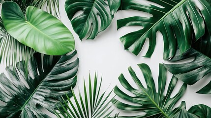 Tropical leaves arrangement white background nature photography artistic display close-up greenery inspiration