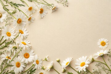 Fototapeta premium Elegant Chamomile Daisy Flowers Pattern on Neutral Beige Background with Copy Space, design for printing, elegant designs, subtle patterns, graphic designs, neutral tones