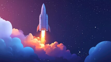 Rocket launching into a starry night sky, surrounded by vibrant clouds and flames, symbolizing innovation and the start of a new journey into space.