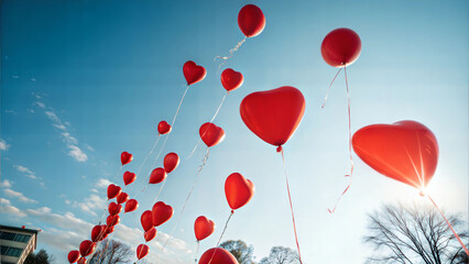 Red heart balloons soaring against a bright blue sky with trees below.
