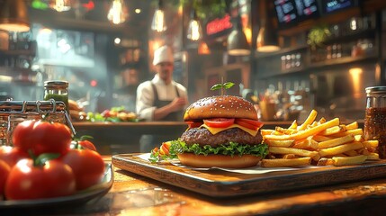 A vibrant scene featuring a delicious burger with fries, tomatoes, and a chef in a bustling restaurant setting, highlighting a warm, inviting atmosphere.