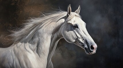 Obraz premium Majestic white horse portrait with flowing mane, prominently featured against a dramatic dark background showcasing intricate details and textures.