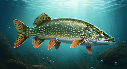 Naklejka premium Northern Pike Fish in the Water, Stream or River, Isolated Nature Wildlife Fishing Angler Illustration