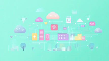 Fototapeta premium Smart healthcare network in flat style, connecting wearable devices, hospital systems, and cloud analytics in a calming color scheme