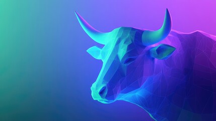 Fototapeta premium Polygonal bull artwork with a calming blue and purple gradient, featuring smooth transitions and a gentle green glow for a serene fine art aesthetic.