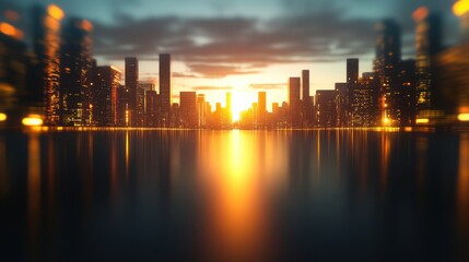 Fototapeta premium A stunning city skyline at sunset, reflecting vibrant colors on calm waters, creating a serene and picturesque urban landscape.
