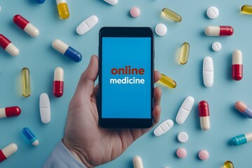 Hand Holding a Smartphone Displaying Online Medicine – Digital Healthcare App, E-Pharmacy Services, and Convenient Medical Solutions