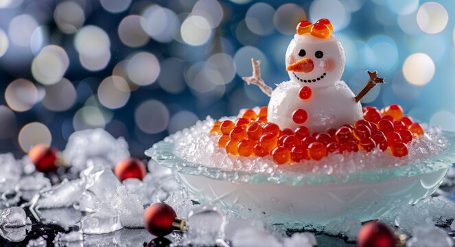 A snowman is sitting in a bowl of ice and red caviar. The bowl is on a table with a few red and white ornaments. Scene is festive and playful, as the snowman is surrounded by winter decorations
