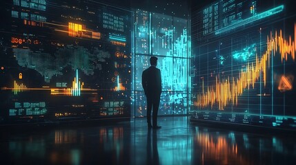 Futuristic Global Business Communication and Data Visualization in Cutting Edge Office Setting