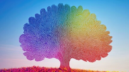 Colorful fingerprints form an artistic tree silhouette against a blue sky, symbolizing diversity and unity through intertwined patterns.
