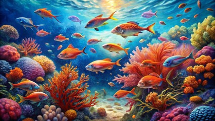 Colorful Underwater Coral Reef Scene with Diverse Fish Species Swimming Among Vibrant Coral, Showcasing Marine Life in a Lively Ocean Habitat