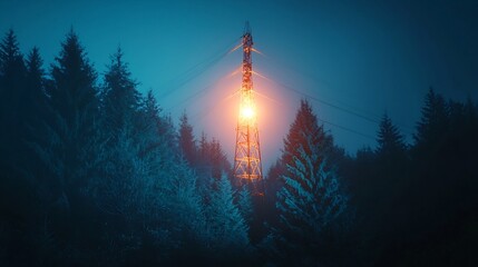 Obraz premium Glowing Communication Tower Beams Signals Across Enchanting Forested Landscape