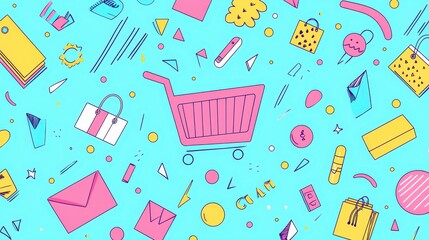 Vibrant Shopping Cart Pattern Design on a Light Blue Background Featuring Various Colorful Shopping Items, Packages, and Creative Elements for Retail and E-commerce Themes