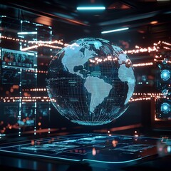 Obraz premium Holographic Globe in Futuristic Control Room Showcasing Real Time Global Connectivity and Communication Technology