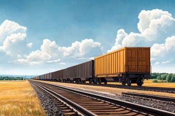 Obraz premium Transportation and distribution concept featuring vehicles. A train laden with cargo travels along a serene landscape under a clear blue sky with fluffy clouds, showcasing an expansive view of fields