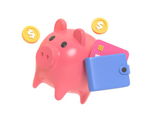 Pink piggy bank with a wallet and credit card, symbolizing personal savings, financial responsibility, and the importance of secure money management and budgeting.3d render icon illustration